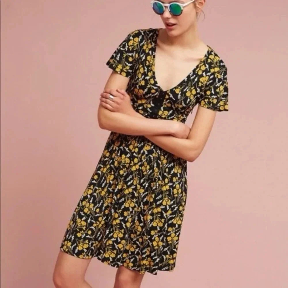 Anthropologie Maeve Corset Waist Flutter Sleeve Black Yellow Dress XS/S